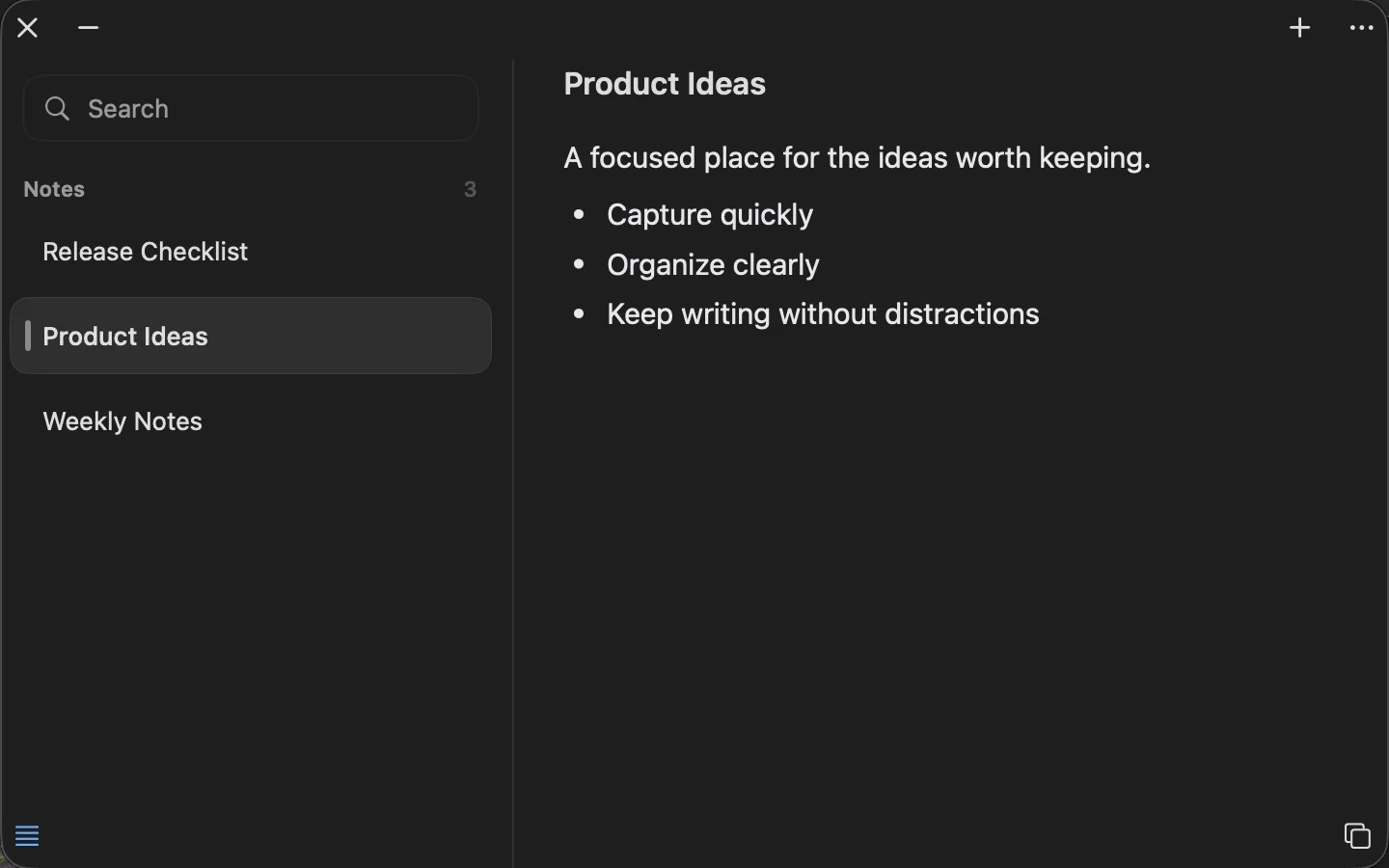 PINote on Mac showing a Product Ideas note, a searchable sidebar, and a clean Markdown editor.