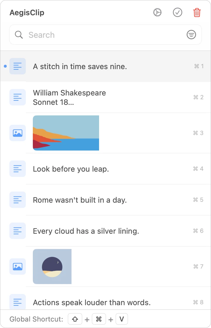 The real AegisClip clipboard window, with text, images and instant search