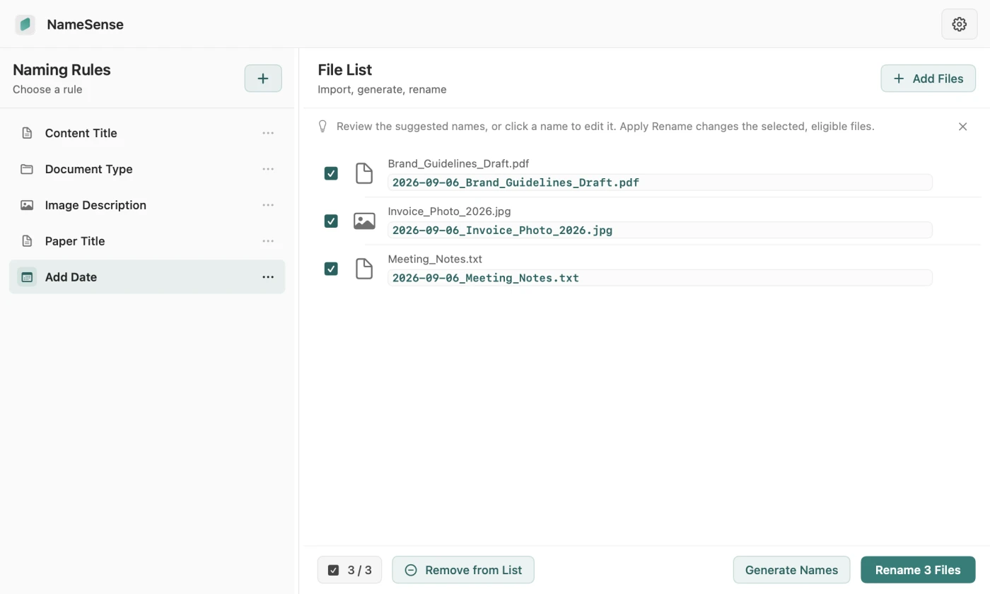 NameSense’s main workspace showing files, images, original filenames and newly generated names