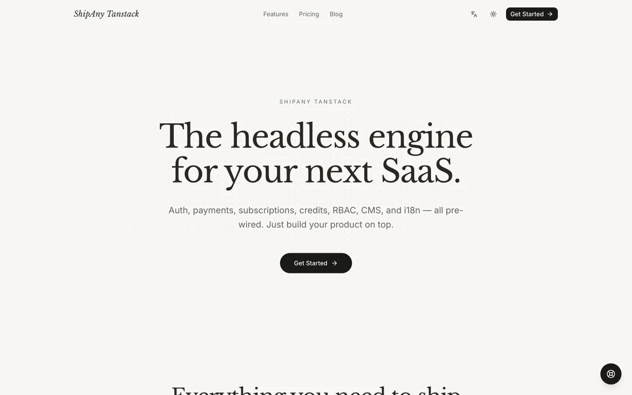 ShipAny TanStack template homepage preview