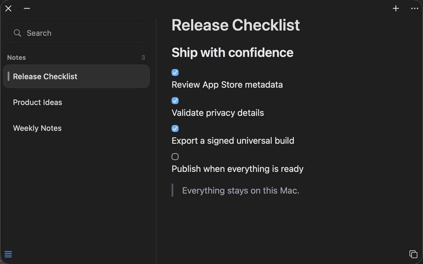 PINote showing a release checklist in its Markdown editor, with other notes available in the sidebar.